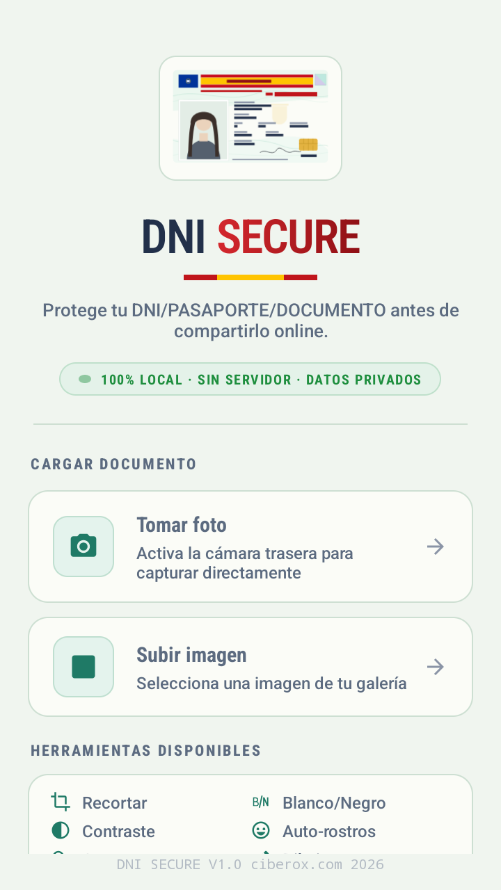 Pantalla de inicio de DNI SECURE con las opciones de tomar foto o subir imagen