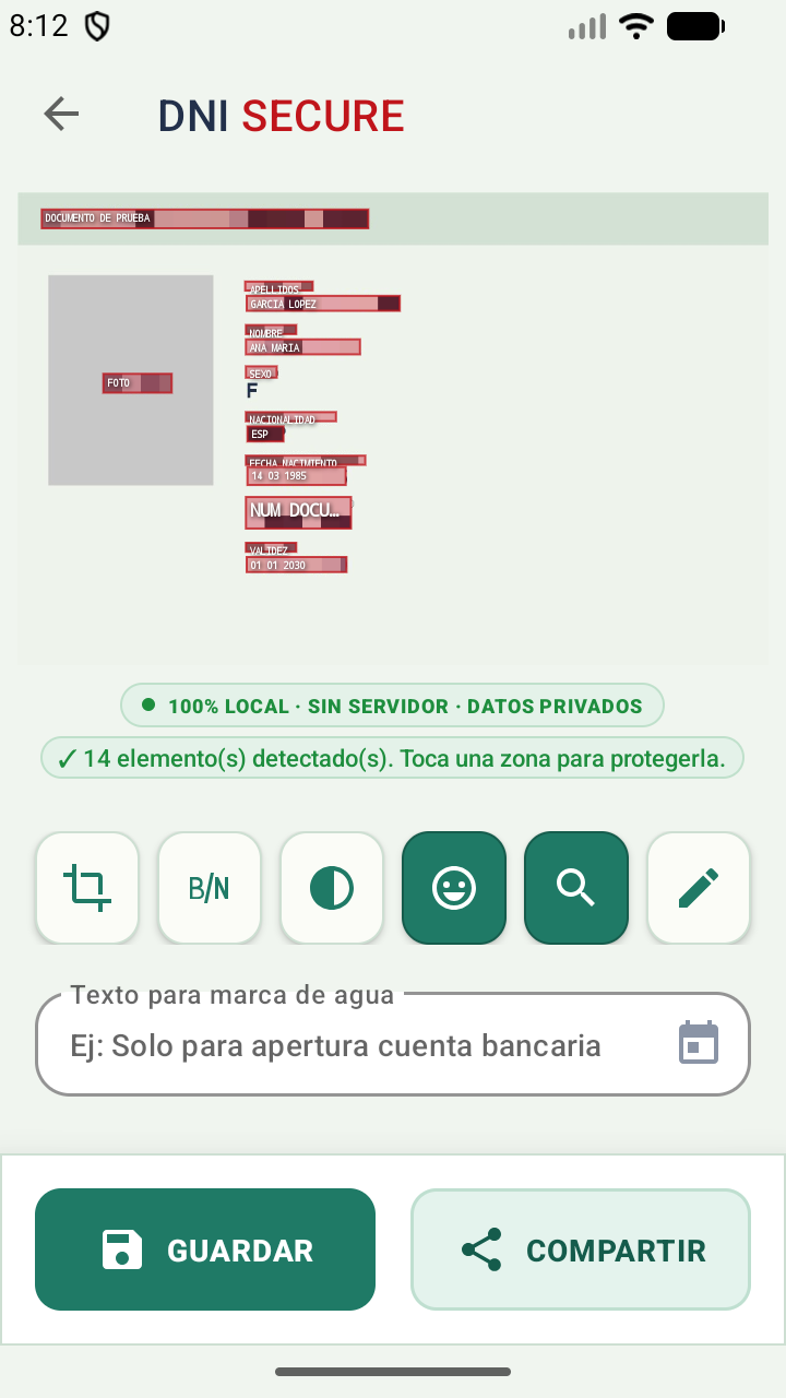 Editor de DNI SECURE con los datos del documento ya pixelados